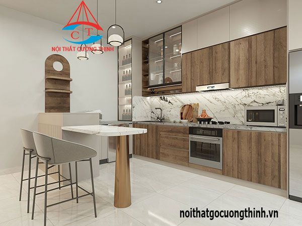 Mẫu tủ bếp có đảo bếp kết hợp bàn ăn đẹp