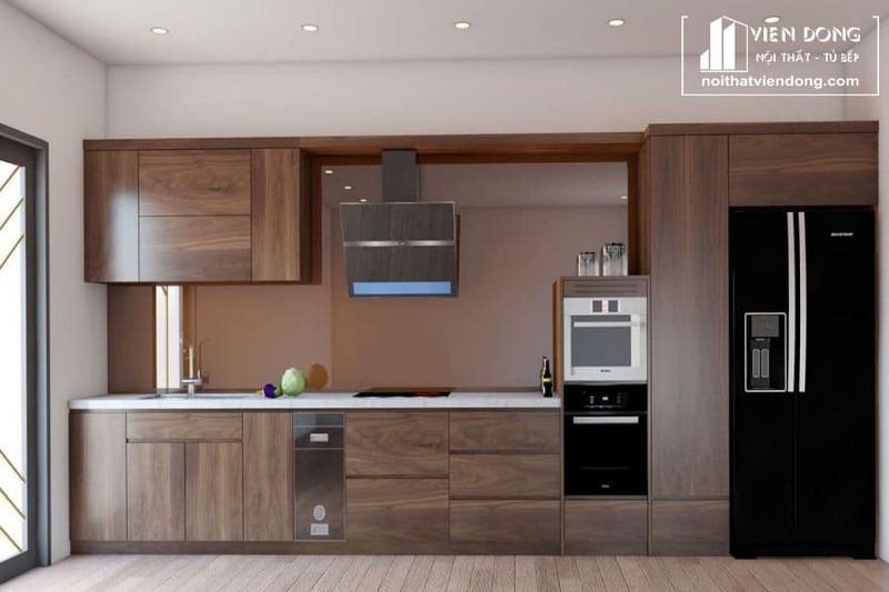 Tủ bếp gỗ óc chó phong cách tối giản