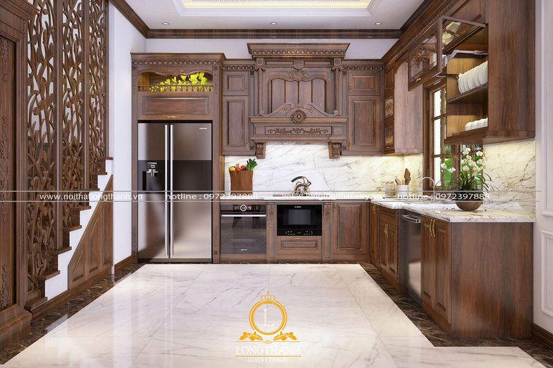 Mẫu tủ bếp tân cổ điển gỗ óc chó