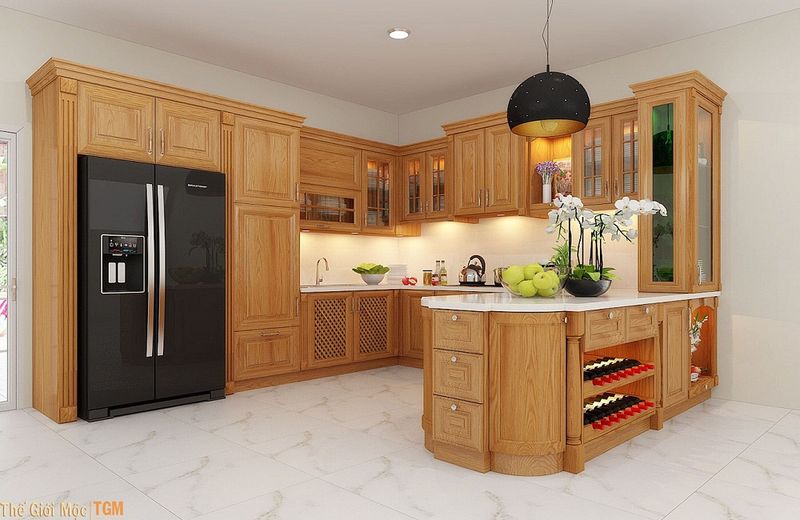 Tủ bếp kết hợp vật liệu công nghiệp
