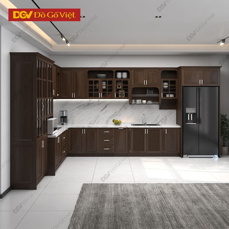 Tủ Bếp Gỗ Óc Chó 1 Tủ bếp chữ L màu nâu óc chó gỗ sồi tự nhiên bên đẹp