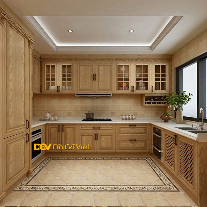 Tủ bếp gỗ màu vàng sồi tự nhiên đẹp