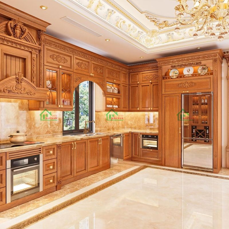 Tủ Bếp Gỗ Tân Cổ Điển 2 Tủ bếp gỗ tự nhiên cao cấp