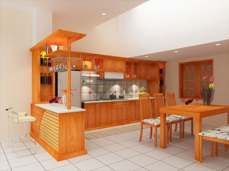 Tủ bếp gỗ xoan đào có quầy bar